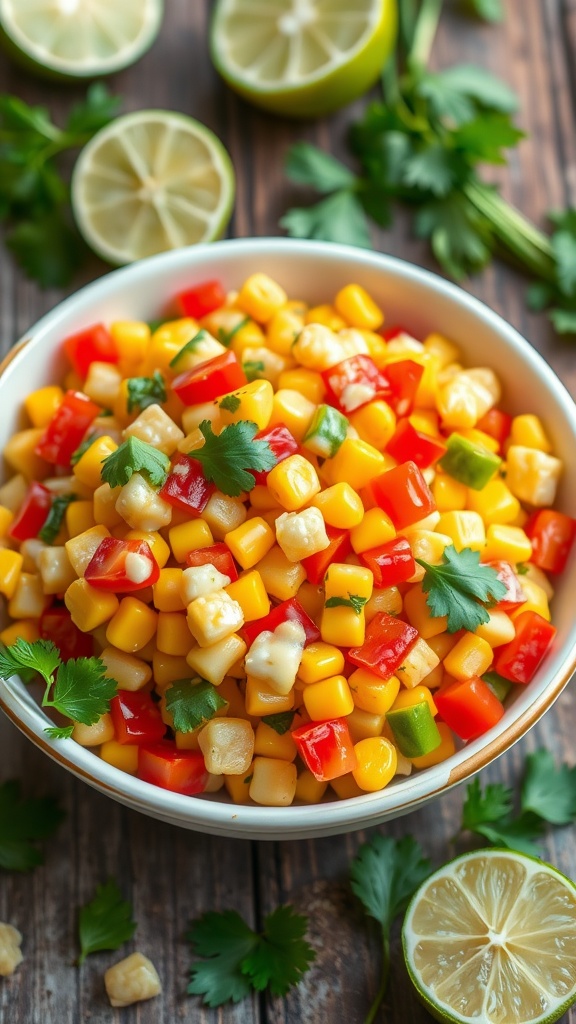 A vibrant bowl of roasted corn salad with corn, bell peppers, and cilantro, set on a rustic table.